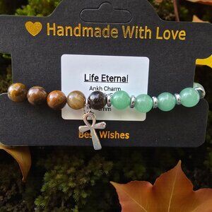 Handmade ✦ Life Eternal Bracelet ✦ Ankh Charm Tiger’s Eye Green Aventurine 8mm